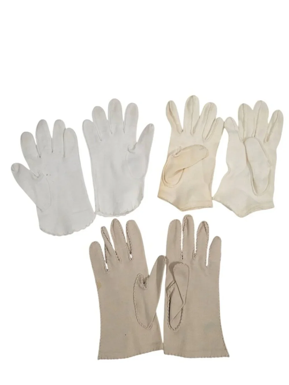 Vintage Womens Gloves Lot Of 3 Pairs Beige White Embroidered Button